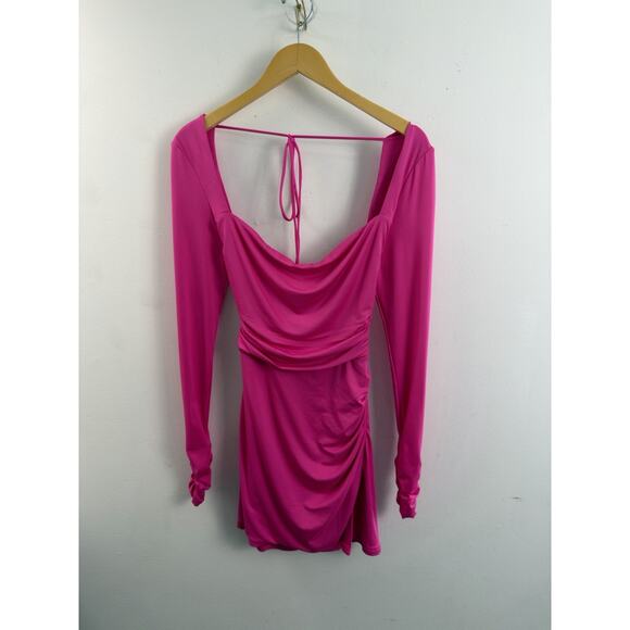Lucy In The Sky Hot Pink Long Sleeve Side Slit Mini Dress Sz Med Tie Back Bow - Picture 3 of 7